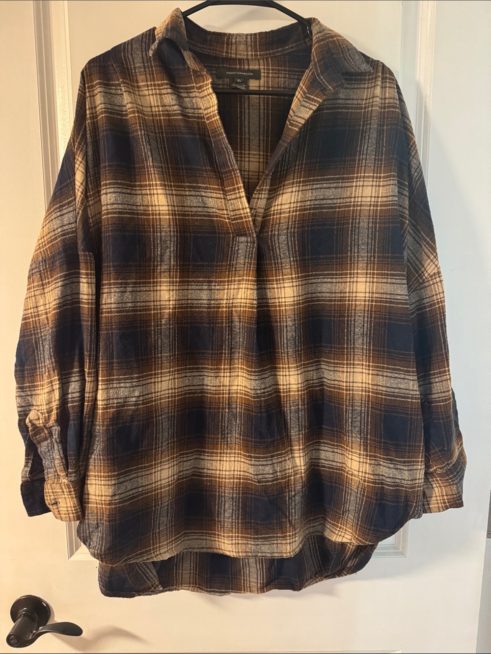 Relaxed Plaid Popover Tunic in Navy and Brown
